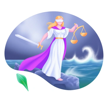 A powerful figure of "Themis," the Greek goddess of justice, stands resolutely on a rocky shore. Her blindfolded eyes symbolize impartiality, while she holds a golden scales of justice in one hand and a sword in the other. Behind her, a stormy sea churns violently, with dark, crashing waves and ominous gray clouds gathering overhead. The fierce winds whip through her robes, but she remains steadfast, embodying determination in the face of adversity. The overall atmosphere conveys the struggle against challenges while maintaining an unwavering commitment to justice.