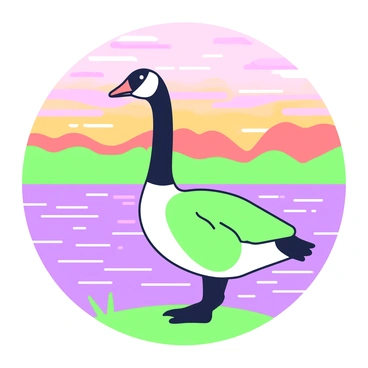 A Canada goose is standing on the edge of a lake. The bird is in profile, showcasing its distinctive features such as a long neck and contrasting head shape. In the background, a sunset creates a vivid display with fiery hues. The surface of the lake reflects the vibrant colors of the sunset, with gentle ripples creating a textured appearance. The sky above is filled with an array of gradients as the sun sets on the horizon.