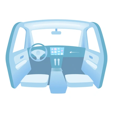 The interior of an electric car features a sleek, minimalist dashboard that has clean lines and a modern design. A large touchscreen dominates the center console, displaying various applications and controls in vibrant icons. The seats are upholstered in a smooth, light-colored fabric, providing a comfortable and contemporary feel. Ambient lighting accents the interior, creating a soft glow throughout the space. The steering wheel is streamlined, and the gear shift is compact and unobtrusive. Large windows allow for ample natural light to fill the cabin.