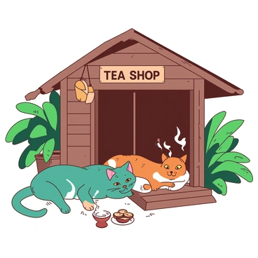 Two cartoon cats, one with teal fur and the other with orange fur, are lounging on the steps of a quaint tea shop in Kerala. The teal cat is stretched out, enjoying the sun, while the orange cat is playfully perched on the edge of the step, looking around curiously. The tea shop, made of wood with a slanted roof, features a sign hanging above the entrance that says "Tea Shop." A small table nearby holds a steaming cup of tea and a few traditional snacks, adding to the cozy atmosphere. Lush green plants surround the shop, enhancing the scene with vibrant natural elements.