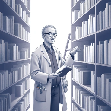 A middle-aged man, resembling Professor Shonku, stands among towering bookshelves filled with numerous books and scientific tomes. The shelves reach high towards the ceiling, creating a feeling of vastness and depth in the library. The professor has a thoughtful expression on his face, with furrowed brows and an intense gaze as he searches through the rows of books. He is wearing a lab coat with pockets filled with various tools and papers. One hand is reaching out to pull a book from the shelf, while the other is holding a small notebook. There is a ladder leaning against one of the shelves, suggesting the height of the collection. Soft light filters in from a nearby window, illuminating dust particles in the air.