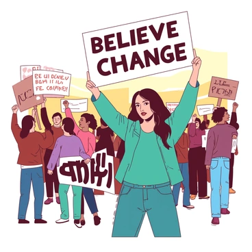 A woman with long brown hair is standing confidently in a crowd at a peaceful protest, holding up a large white sign that reads "Believe in Change" in bold letters. She is wearing a teal jacket and jeans, and there are other diverse protesters visible in the background, some holding similar signs. The atmosphere is filled with determination as people stand together, raising their fists in solidarity. The sunlight is casting a warm glow on the scene, highlighting the sense of unity and purpose among the participants.