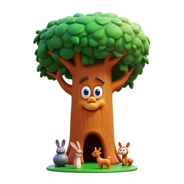 A towering tree with a textured bark, featuring a carved face and large, expressive eyes. The tree's branches are lush with green leaves, creating a thick canopy above. At the base of the tree, small woodland creatures such as a curious rabbit, a playful squirrel, and a shy deer gather around, looking up at the tree. The creatures exhibit various colors and details, adding vibrancy to the scene. Sunlight filters through the leaves, casting dappled shadows on the forest floor.