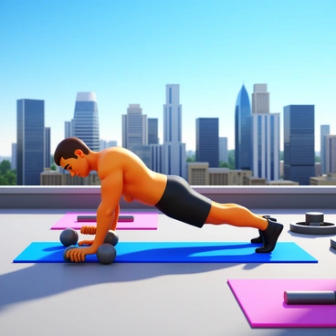 An athlete performing a renegade row exercise on a rooftop gym. The athlete is focused and in a plank position, holding a dumbbell in one hand while the other arm is extended. The skyline of a bustling city is visible in the background, with tall buildings and a clear blue sky. The rooftop gym features workout mats and fitness equipment scattered around. The sun casts shadows, highlighting the athlete's determined expression and muscular build.