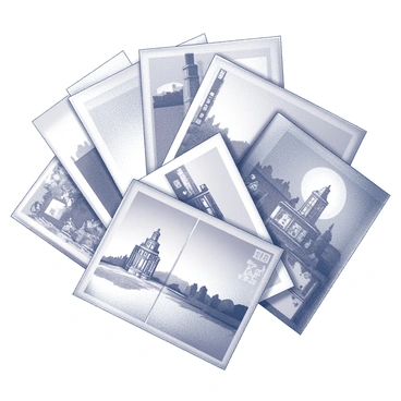 A collection of old-fashioned postcards arranged in a collage. Each postcard features intricate designs and vintage illustrations. The edges of the postcards are faded, giving them a worn appearance. Some postcards display scenic landscapes, while others showcase historical landmarks or floral patterns. The overall composition is layered, with overlapping corners and varying orientations of the cards. The textures of the postcards are visible, enhancing the nostalgic feel of the arrangement.