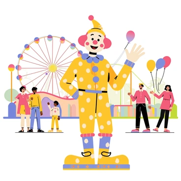 A happy clown mascot with a bright red nose and colorful, oversized shoes stands at the entrance of a lively amusement park. The clown has a big smile and is waving enthusiastically with one hand. In the background, there are vibrant rides, including a Ferris wheel with multicolored lights and roller coasters twisting high into the sky. Balloons in various shapes float around the clown, and families with children are seen eagerly approaching the park. The clown's costume features polka dots and stripes in vivid colors, creating a cheerful atmosphere.