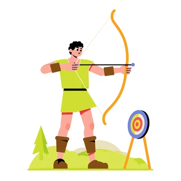 An archer pulling back the string of a bow, aiming at a distant target