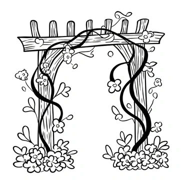 A trellis structure made of wood, intricately designed with arches, is densely covered in honeysuckle flowers. The flowers are depicted with swirling tendrils and various stages of bloom, showcasing their delicate petals. Vines twist around the trellis, creating a lush appearance, with some flowers hanging downwards. The background features a soft, textured surface that enhances the focus on the trellis and flowers, while a few leaves intersperse among the blossoms.