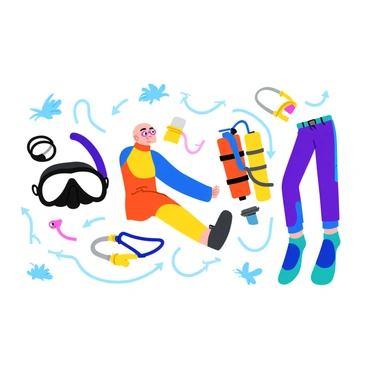 An illustration depicting a diving tutorial showcasing the step-by-step assembly of diving gear. The first step features a large, detailed diving mask on the left side, with labels pointing to its components. The second step includes a wetsuit laid out flat, colorfully highlighted with distinctive markings for different sections. The third step shows a vibrant scuba tank, with arrows indicating how to attach the regulator. The fourth step displays fins, positioned next to a pair of colorful snorkeling gear. Each step is arranged in a linear sequence, surrounded by simple icons representing underwater life.