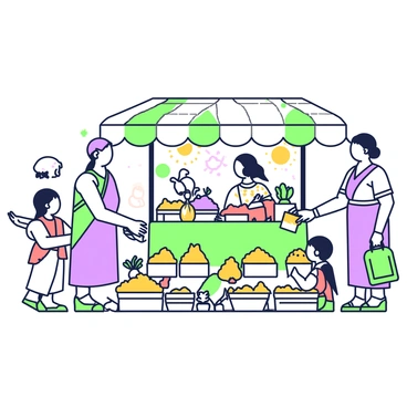 An illustration of a vibrant market scene showcasing the traditional uses of turmeric. In the center, there is a vendor with a colorful stall displaying baskets filled with turmeric roots and piles of yellow turmeric powder. The vendor, a middle-aged woman wearing a traditional dress, is handing a small bag of turmeric to a customer who appears interested. Surrounding the stall, there are various other local spices arranged neatly, adding to the bustling atmosphere. In the background, a group of people are engaged in conversation, and a few children are playing nearby. Sunlight filters through the canopy above, casting soft shadows on the ground.
