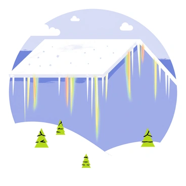 Sparkling icicles hanging from a slanted, snow-covered rooftop. The icicles catch the sunlight, reflecting tiny rainbows. Below the rooftop, a blanket of white snow covers the ground, dotted with small pine trees. In the background, a bright blue sky contrasts with fluffy white clouds, enhancing the wintery atmosphere.
