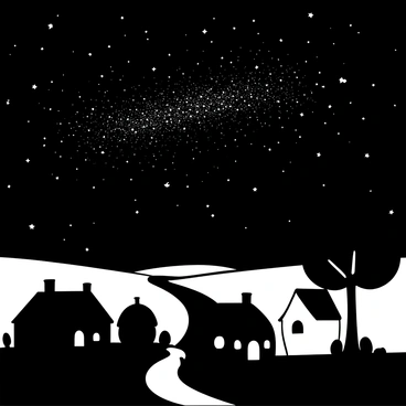 A tranquil village scene under a starry night sky. The silhouettes of quaint houses with pointed roofs are visible against the darkness. The sky is filled with glowing stars, and the Milky Way stretches across the expanse, filled with intricate patterns of stars. A tall tree stands on one side of the village, its branches reaching upward toward the celestial display. The landscape is calm, with a small path winding through the village, leading toward the horizon.