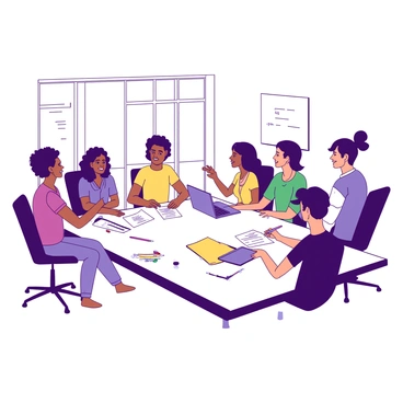 A group of six individuals is seated around a large, rectangular table. The members are diverse in appearance, including two women and four men, each engaged in a lively discussion. One member is gesturing with an open hand while another is taking notes on a white notepad. There are several documents and a laptop open on the table, along with a set of colorful pens scattered across the surface. The room is brightly lit with large windows in the background, and a whiteboard with notes can be seen on one side of the room.