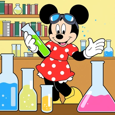 Minnie Mouse, a cartoon character with a polka-dotted red dress and large black ears, stands in a vibrant laboratory. She is wearing a pair of safety goggles pushed up on her forehead. In her hands, she holds a test tube filled with a bright green liquid. Around her, various colorful test tubes and beakers are arranged on a table, each containing different bubbling liquids in shades of blue, yellow, and pink. The lab has shelves filled with books and scientific equipment in the background. A playful expression is visible on Minnie's face as she focuses intently on her experiment.
