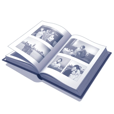 An open photo album lies on a wooden table. The pages are filled with black-and-white photographs, showcasing various moments from the past. Some photos capture smiling faces at gatherings, while others depict serene landscapes and candid moments. The album's cover is slightly worn, suggesting it has been cherished over the years. A soft light casts gentle shadows across the pages, adding depth to the scene.