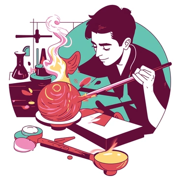 A close-up view of a glassblower shaping a colorful glass sculpture. The glassblower is focused, with sweat glistening on their forehead as they expertly manipulate the molten glass with a long metal rod. Flames dance vividly around the glass as it is heated, casting dynamic shadows. Swirls of vibrant colors—red, orange, and teal—are visible in the glass, creating a mesmerizing effect. The background features a blur of tools and equipment commonly found in a glassblowing studio, enhancing the craftsmanship atmosphere.
