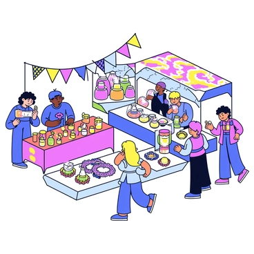 A bustling market scene set in a vibrant fantasy land. Various merchants are displayed with their stalls, each showcasing unique and exotic goods. One stall features colorful potions in glass bottles, glowing softly. Another has intricate handmade jewelry with gemstones that shimmer. A vendor sells vibrant fabrics with intricate patterns. The atmosphere is lively, with customers interacting and examining the magical items available for purchase. Bright banners and flags flutter in the breeze above the stalls.
