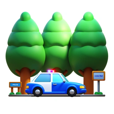 A 3D police car, designed with a glossy finish and vivid colors, is stationed at a checkpoint. The car features a clear blue and white color scheme, with a bright light bar on top. Surrounding the car, there are tall trees with lush green foliage creating a dense forest backdrop. The checkpoint includes a wooden barrier and a small sign indicating it is a police checkpoint. Soft sunlight filters through the canopy of leaves, casting dappled light on the scene.