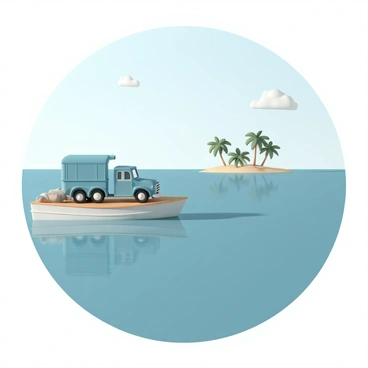A small blue truck is placed on a sturdy boat, being ferried across a calm sea. The water is a deep blue, reflecting the clear sky above. In the distance, a tropical island is visible, featuring lush green palm trees and sandy beaches. The island’s outline is gently curved, and soft white clouds float lazily in the sky. The sunlight casts a warm glow over the scene, illuminating the truck and the tranquil water as it moves toward the inviting shore.