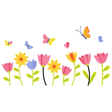 A whimsical border of colorful flowers in various shapes and sizes. The flowers include daisies, tulips, and sunflowers, each with vibrant petals in shades of pink, yellow, and blue. Above the flowers, several butterflies with intricate wing patterns in orange, purple, and green are fluttering gracefully. The border creates an enchanting and lively atmosphere, filled with natural beauty and movement.