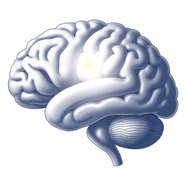 A human brain viewed from a top-down perspective. In the center of the brain, the "pineal gland" is illustrated prominently. It appears as a distinct, small structure and is "glowing brightly," radiating light to emphasize its significance. Surrounding the pineal gland are various brain structures, clearly defined, showcasing the intricate connections and contours of the brain. The overall image captures a sense of focused illumination on the pineal gland within the complex network of the brain.