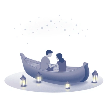 A wooden boat floats gently on a calm body of water. The boat shows two people sitting close together, their silhouettes relaxed against the soft glow of several lanterns scattered around them. The lanterns cast a warm light that reflects delicately off the water's surface. Above them, a clear sky is filled with numerous stars, creating a tranquil atmosphere. The scene captures the intimacy of the moment, with the couple sharing a quiet conversation while enjoying the serene beauty of their surroundings.