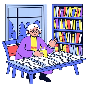 A scholar sitting at a wooden table in an ancient library. The scholar is dressed in a long, flowing robe and has spectacles perched on their nose. Around the table are numerous open scrolls, each covered in intricate writing and symbols. A flickering candle casts a warm glow, illuminating the scholar's focused expression. The library's walls are lined with tall bookshelves filled with more scrolls and books. A large window shows the silhouettes of trees outside, hinting at twilight.