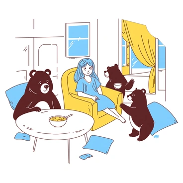 A duotone illustration features "Goldilocks" sitting on a "yellow" chair in a cozy cottage. She has long, flowing "blue" hair and is wearing a simple dress. Nearby, three bears of different sizes are interacting: the largest bear with a gentle expression is standing beside a "white" table, while the medium-sized bear is holding a "white" bowl and looking at Goldilocks with curiosity. The smallest bear, with a playful demeanor, is peeking from behind the chair. The room is filled with whimsical details, including "yellow" curtains and "blue" cushions. A "white" bowl rests on the table, filled with porridge.