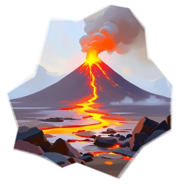An ancient volcano erupts majestically, sending fiery lava cascading down its slopes. The volcano's peak is surrounded by a tumultuous ash cloud that billows into the sky, darkening the atmosphere. The flowing lava glows with vibrant orange and red hues as it winds its way downwards, illuminating the rocky terrain. In the foreground, rugged rocks and sparse vegetation contrast with the bright flow of lava, while the ash cloud obscures the distant landscape, creating a dramatic scene.