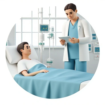 A nurse, wearing blue scrubs and a white lab coat, is standing beside a patient’s bed in a modern hospital room. The nurse is using a sleek, high-tech tablet to monitor the patient's vitals. The patient, a middle-aged man with short brown hair, is resting in a hospital bed with white sheets and a blue blanket. Various medical devices are positioned around the bed, including a heart rate monitor displaying colorful graphs and an IV drip stand. The room is well-lit with large windows, and there are medical charts and equipment organized on a nearby wall.
