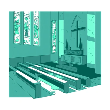A teal sanctuary features tall stained glass windows that depict intricate patterns and figures. The sunlight streams through the windows, creating vibrant patches of light on the wooden floor. The interior includes rows of simple wooden benches facing an ornate altar. Soft shadows are cast by the light, enhancing the peaceful atmosphere.