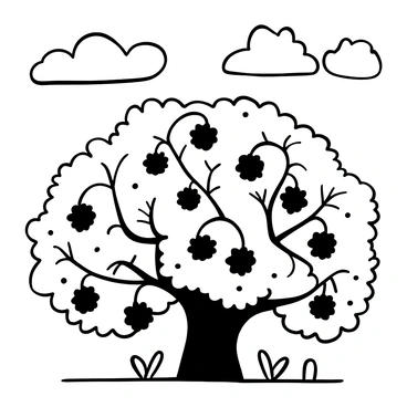 A sprawling bush filled with clusters of "ripe blackberries" with plump, dark shapes hanging from thorny branches. The leaves of the bush are lush and textured, creating a dense backdrop. In the upper portion of the image, a "summer sky" spreads overhead, featuring varying patterns of fluffy clouds. Small details like a few scattered twigs and fallen leaves are visible on the ground around the bush.