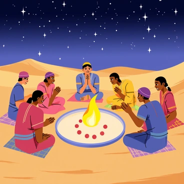 Desert nomads are gathered in a circle around a large, circular hearthstone card. Each nomad is wearing traditional clothing with vibrant patterns, showcasing a variety of colors such as reds, blues, and yellows. They are seated on woven rugs, and their expressions are focused and engaged as they play the game. The night sky above is filled with numerous sparkling stars, providing a magical backdrop. In the center of the circle, a small fire burns brightly, casting warm light on their faces and illuminating the card. Sand dunes can be seen in the distance, adding to the desert landscape surrounding them.