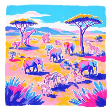 A lively safari scene depicts several elephants walking gracefully across a sun-drenched savannah. The elephants are shown in various poses, some gently flapping their ears and others playfully interacting. Nearby, a tall giraffe is seen reaching for leaves on a tree, its long neck extended. A group of zebras grazes peacefully on the grass, their distinctive black and white stripes contrasting with the golden tones of the savannah. A few acacia trees dot the landscape, casting shadows on the ground, while a bright blue sky above adds to the vibrant atmosphere.