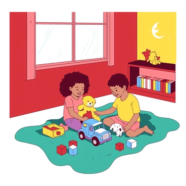 In a vibrant playroom designed with bright red and yellow walls, two children are joyfully sharing toys on a soft teal rug. One child, a girl with curly hair, is holding a yellow teddy bear, while the other child, a boy with short hair, is reaching for a blue toy truck. Various toys are scattered around them, including colorful blocks and stuffed animals. The room is filled with sunlight streaming through a window, illuminating their smiles as they play together.