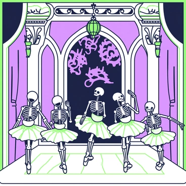 A troupe of dancing skeletons is performing a ballet on stage in a gothic theater. The skeletons are elegantly posed in various ballet positions, showcasing their graceful movements. The theater features tall, arched windows with intricate designs, casting shadows that enhance the ambiance. Heavy drapes frame the stage, and ornate chandeliers hang from the ceiling, creating a dramatic atmosphere. The floor is polished wood, reflecting the skeletons' movements as they dance in unison. In the background, a large, dark mural depicting mythical creatures adds to the gothic theme of the setting.