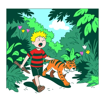 Calvin and Hobbes are stepping into a lush, dense backyard jungle filled with vibrant green foliage. Calvin is wearing a red and black striped shirt, looking excited as he leads the way, holding a makeshift wooden sword in his right hand. Hobbes, the orange and black striped tiger, is trotting closely beside him, appearing playful and alert. The sunlight filters through the thick canopy, casting dappled shadows on the ground. Various oversized leaves and colorful flowers surround them, enhancing the sense of adventure in this wild setting.