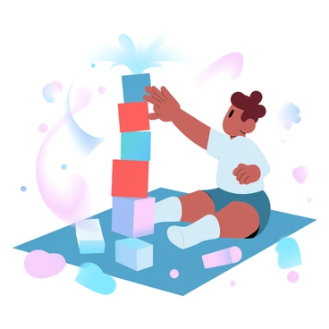 A young child is sitting on a vibrant play mat filled with various colors and patterns. The child is engaged in building a tall structure with brightly colored blocks scattered around. The blocks are in different shapes and sizes, including cubes, rectangles, and triangles. The child's hands are reaching out to stack a blue block on top of a red one. The background features playful designs, enhancing the cheerful atmosphere of the scene. A few blocks are toppled over nearby, showcasing the playful nature of the activity.