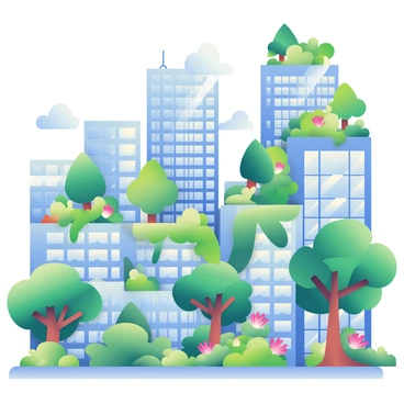 A city skyline features tall buildings with glass windows and concrete facades. Lush greenery and forest vegetation extend up the sides of the buildings, with vines and trees intermingling with the urban landscape. The scene includes a variety of trees, such as oak and pine, growing from balconies and rooftops. Soft moss blankets the lower parts of some structures, while colorful flowers peek through the cracks in the pavement. In the background, a bright blue sky is visible, contrasting with the vibrant greens of nature reclaiming the urban space.