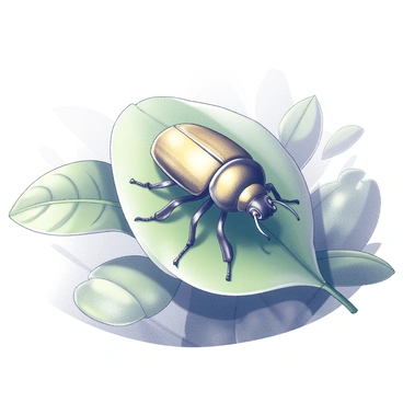 A scarab beetle is perched on a large green leaf. The beetle has a shiny, textured shell that resembles polished gold. Sunlight reflects off its back, creating highlights that accentuate its form. The leaf is broad, with visible veins and a rich, vibrant texture, contrasting with the smooth surface of the beetle. Surrounding elements include smaller leaves and faint details of a natural setting in the background.