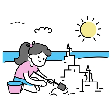 A petite girl is sitting on a sandy beach under a bright sun. She has long hair tied in two playful pigtails. Next to her, there is a colorful bucket and a plastic spade. She is focused on shaping a sandcastle, using her spade to carefully stack wet sand into towers. Waves can be seen gently lapping the shore in the background. The sky is clear with a few fluffy clouds scattered above.