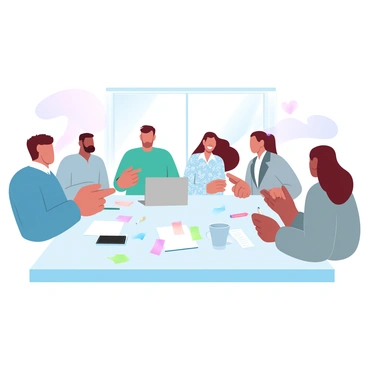 A diverse group of colleagues is gathered around a large table, engaged in a collaborative project. There are three men and two women, each with distinct hairstyles and attire. One man is wearing a blue shirt, and he is pointing at a laptop screen. Another man has a green sweater and is holding a notepad, jotting down ideas. One woman is in a floral blouse, smiling as she discusses concepts, while the other woman, dressed in a gray suit, is looking thoughtfully at a document. Scattered across the table are colorful sticky notes, pens, and a coffee mug. A large window in the background lets in natural light, creating a bright and inviting atmosphere.