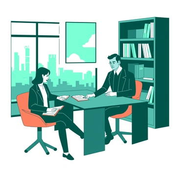 A teal literary agent is seated at a sleek, modern desk in a stylish office. The agent has short hair and is wearing a tailored black suit. Opposite the agent, a young aspiring author with long brown hair is sitting in a comfortable orange chair, holding a notebook and a pen. The walls of the office are lined with bookshelves filled with various books. A large window behind the agent showcases a view of the city skyline, allowing natural light to brighten the space. A minimalist art piece hangs on the wall, adding a touch of sophistication to the chic setting.
