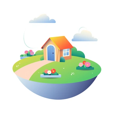 A whimsical floating island is suspended in the sky. The island has a vibrant green landscape with a variety of colorful flowers blooming in the lush garden. In the center of the island, there is a small, charming house made of wood with a thatched roof. The house has a blue door and white window frames, adding to its quaint appearance. Surrounding the house, there are several neatly arranged garden beds filled with bright blooms, and a small pathway leading to the entrance. Above, fluffy white clouds drift peacefully, enhancing the magical atmosphere of the floating island.