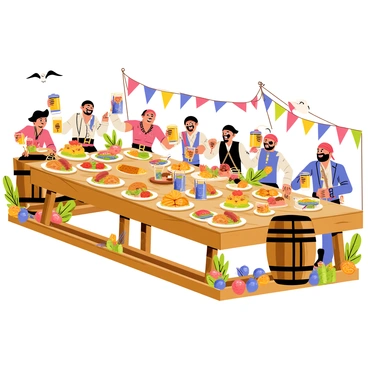 A long wooden table is set for a lively pirate feast, covered with an array of colorful dishes and drinks. Plates filled with roasted meats, tropical fruits, and breads are scattered across the table. Large barrels of rum are positioned at either end, with pirates raising their tankards and laughing boisterously. Some pirates are wearing eye patches and tricorn hats, while others have bandanas tied around their heads. The background sees a ship's deck adorned with decorations like colorful flags, and a few seagulls can be seen flying overhead. The overall atmosphere is festive, filled with the energy of camaraderie and celebration.