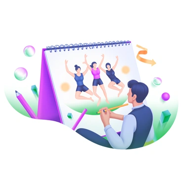 A modern pastel illustration depicting an artist sketching a group of individuals performing "flutter kicks." The artist is shown with a pencil in hand, focused on capturing the motion of the group. The group is positioned in a dynamic arrangement, with their legs extended in the air, creating a sense of movement. Surrounding them are colorful, imaginative elements such as swirls of pastel colors and whimsical shapes that enhance the scene. The background includes soft, abstract forms that complement the overall composition.