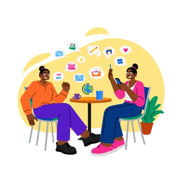 Two friends sitting at a small round table, each with a smartphone in hand. One friend is sending a message filled with colorful emojis representing various languages, such as a book, globe, and speech bubbles. The second friend is looking at their phone, smiling as they receive the emojis, and responding with their own set of emojis, showcasing symbols like a flag, a pencil, and a heart. The background features a cozy café setting with warm lighting and decorative plants.