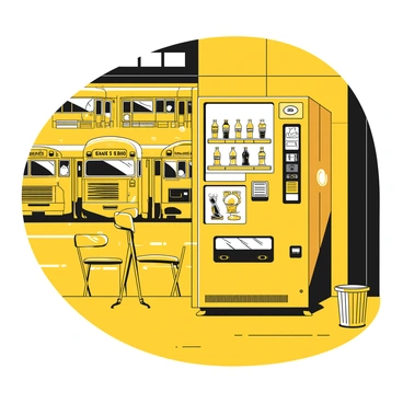 A vintage snack vending machine made of metal, displaying a selection of snacks and drinks behind glass. The machine is located in the corner of a bus garage with concrete floors and industrial lighting. Nearby, there are several parked buses, with their distinct shapes and designs visible. A few plastic chairs can be seen in front of the vending machine, and a small trash can is next to it. The overall atmosphere conveys a sense of nostalgia and utility.