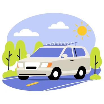 A sleek, modern vehicle with a shiny silver exterior is driving on a road under a bright blue sky. The vehicle is equipped with large, shiny solar panels on its roof, glinting in the sunlight. Green trees line the sides of the road, and fluffy white clouds drift lazily above. The sun casts vibrant light on the scene, highlighting the vehicle as it smoothly glides along the asphalt.