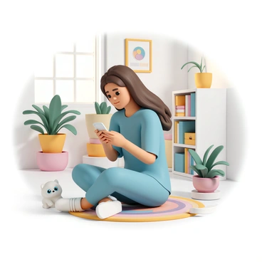 A character, a young woman with long brown hair wearing a blue shirt and comfortable jeans, is sitting on a colorful rug in a lively home setting. She holds a smartphone in her hands, intently focused on the screen. Beside her, a small, animated virtual pet, resembling a fluffy white puppy with big blue eyes, is playfully bouncing around. The room is bright and cheerful, filled with plants in vibrant pots, a bookshelf stacked with colorful books, and framed pictures hanging on the walls. Soft sunlight is streaming through a nearby window, casting warm light across the scene.